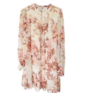 Guess Chiffon Retro 70s dress 1970s white brown floral high neck M longsleeve